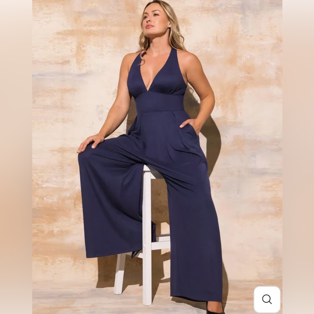 Navy Wide-Leg Halter Jumpsuit - Women Dresses